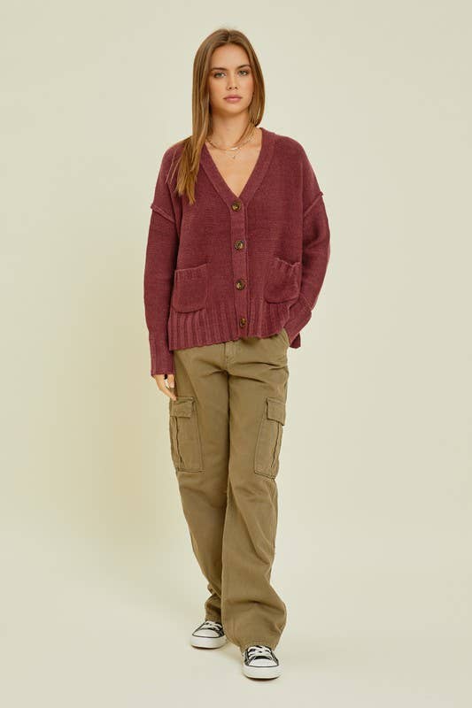 Button Up Sweater Cardigan: 3-3 (S/M-M/L) / WINE - Storm and Sky Shoppe - Vanilla Monkey