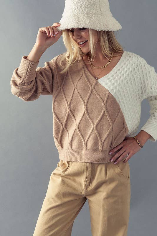 DIAMOND QUILTED WAFFLE KNOT BACK TWIST SWEATER - Storm and Sky Shoppe - Urban Daizy