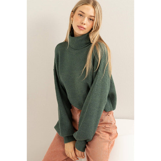 BALLOON SLEEVE CROPPED TURTLENECK SWEATER: GRAY GREEN / S - Storm and Sky Shoppe - HYFVE